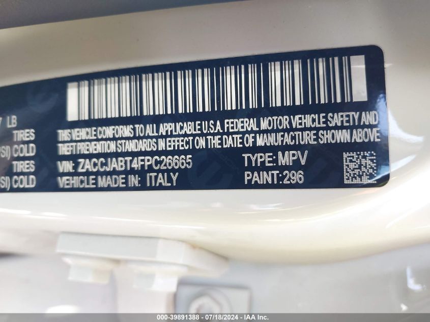 2015 Jeep Renegade Latitude VIN: ZACCJABT4FPC26665 Lot: 39891388