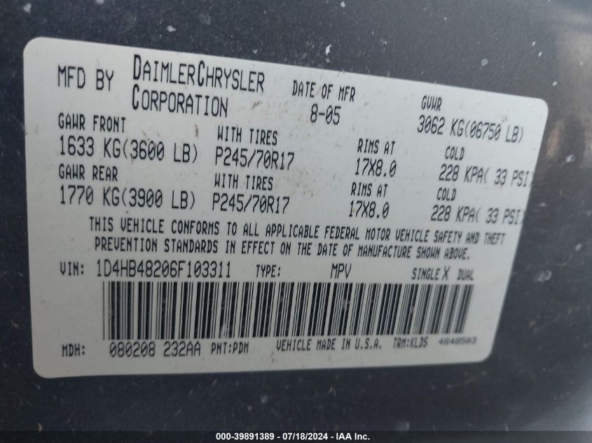 2006 Dodge Durango Slt VIN: 1D4HB48206F103311 Lot: 39891389