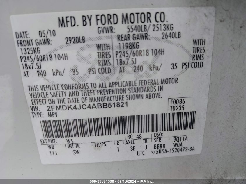 2010 Ford Edge Sel VIN: 2FMDK4JC4ABB51821 Lot: 39891390