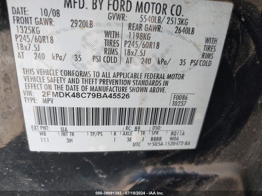 2009 Ford Edge Sel VIN: 2FMDK48C79BA45526 Lot: 39891392