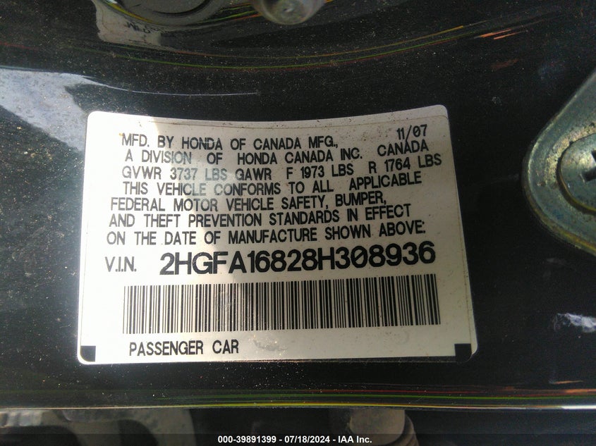 2008 Honda Civic Ex VIN: 2HGFA16828H308936 Lot: 39891399