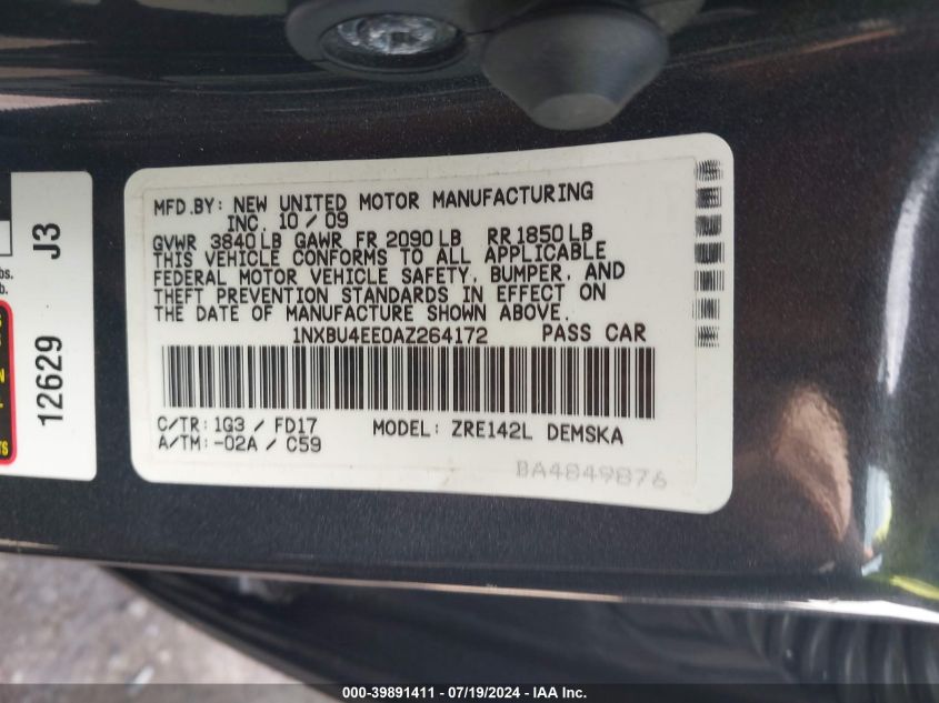 2010 Toyota Corolla S VIN: 1NXBU4EE0AZ264172 Lot: 39891411