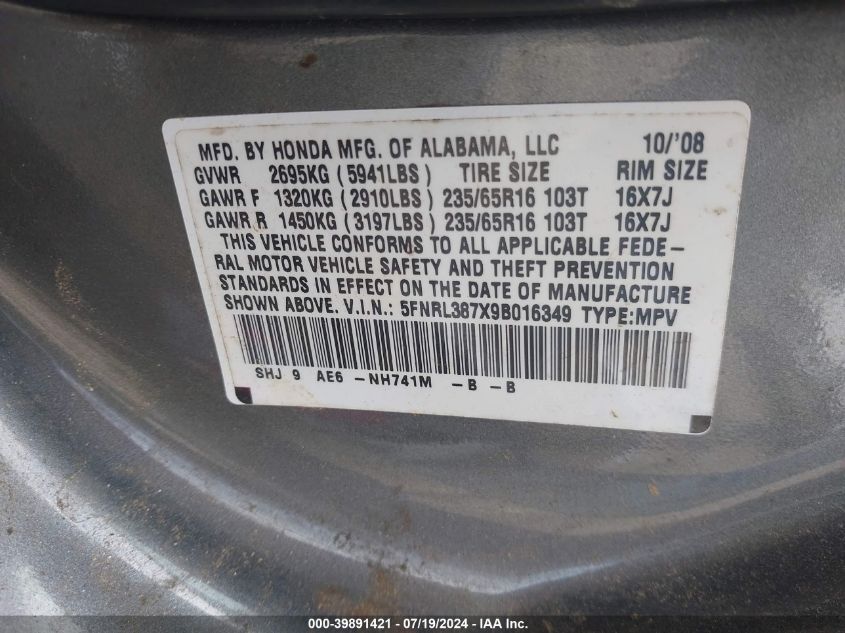 2009 Honda Odyssey Ex-L VIN: 5FNRL387X9B016349 Lot: 39891421