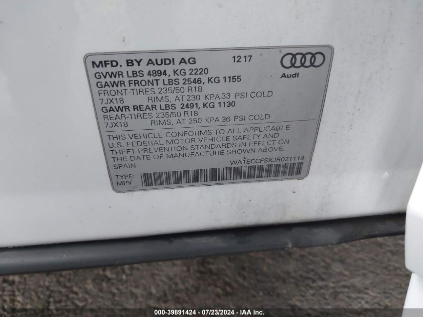 WA1ECCFSXJR021114 2018 Audi Q3 2.0T Premium/2.0T Sport Premium