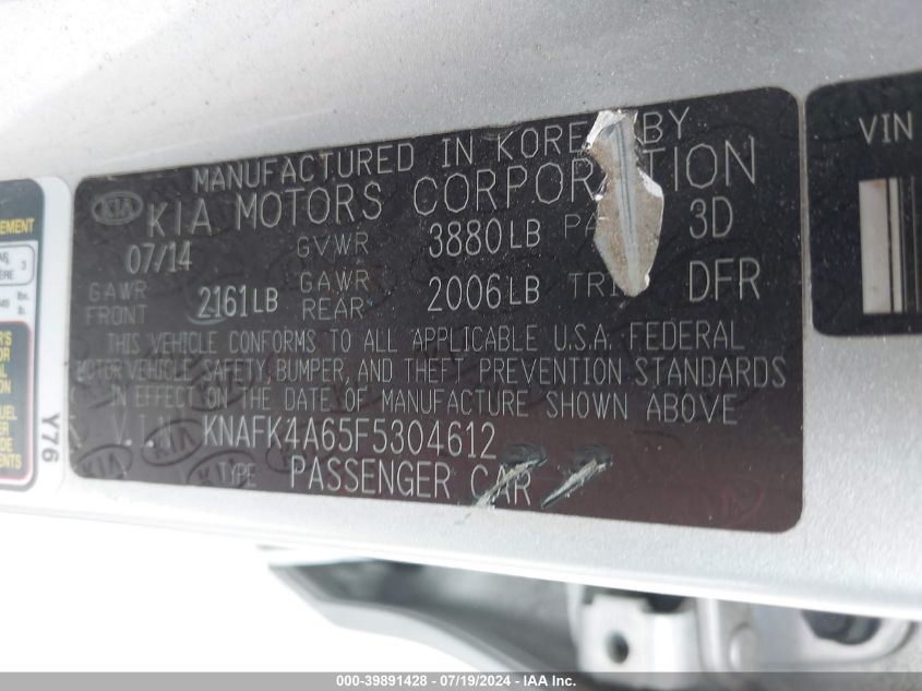 2015 Kia Forte Lx VIN: KNAFK4A65F5304612 Lot: 39891428