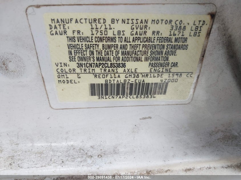 2012 Nissan Versa 1.6 Sv VIN: 3N1CN7AP2CL853836 Lot: 39891438