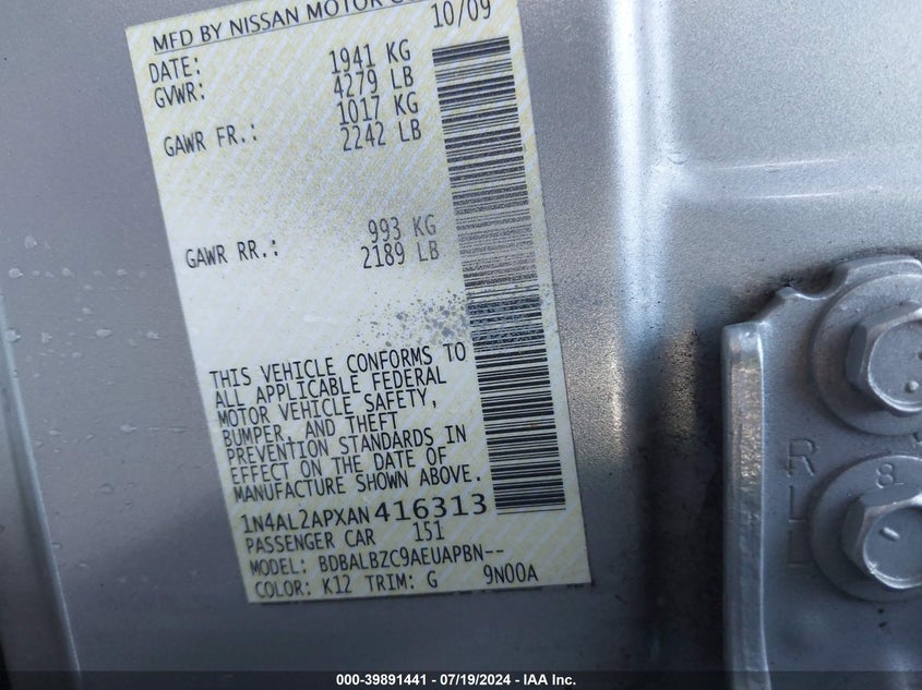 2010 Nissan Altima 2.5 S VIN: 1N4AL2APXAN416313 Lot: 39891441