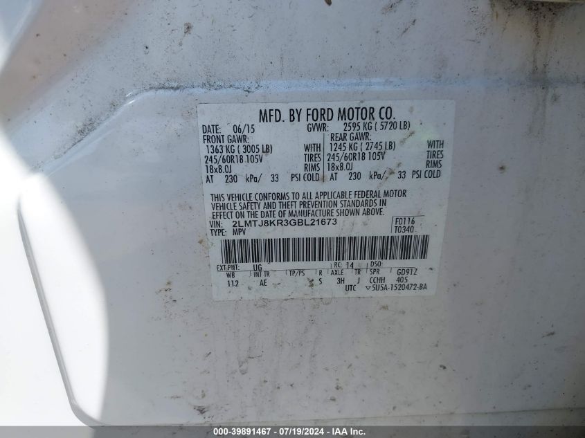 2016 Lincoln Mkx Select VIN: 2LMTJ8KR3GBL21673 Lot: 39891467