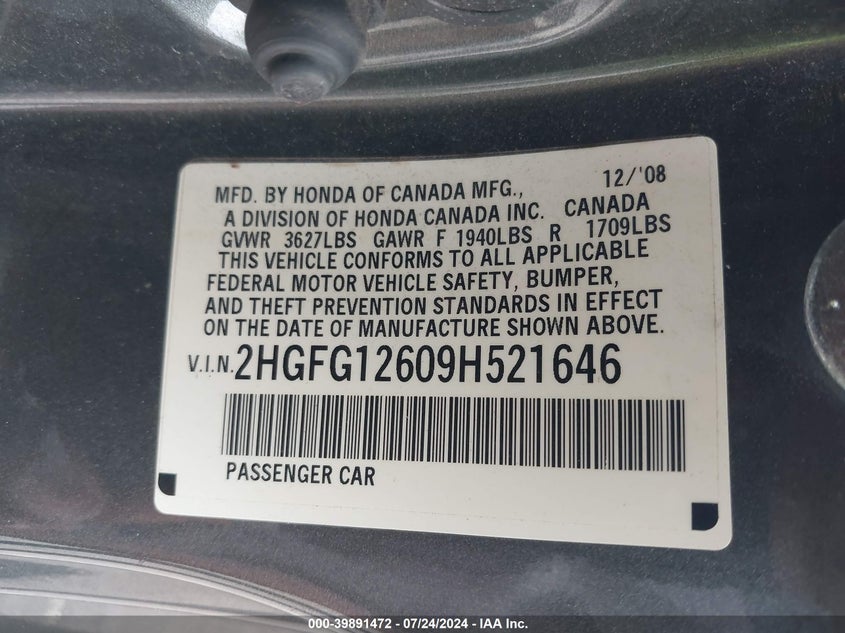 2009 Honda Civic Lx VIN: 2HGFG12609H521646 Lot: 39891472