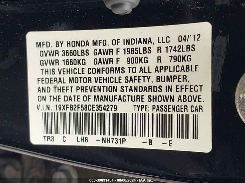 2012 Honda Civic Lx VIN: 19XFB2F58CE354279 Lot: 39891481