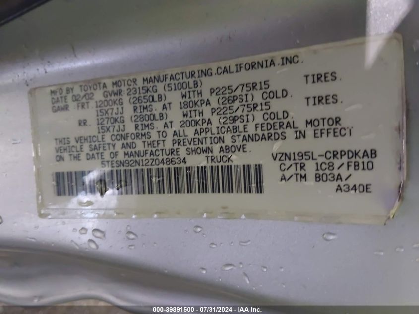 2002 Toyota Tacoma Prerunner V6 VIN: 5TESN92N12Z048634 Lot: 39891500