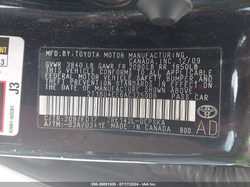 2010 Toyota Corolla S VIN: 2T1BU4EE6AC325008 Lot: 39891505