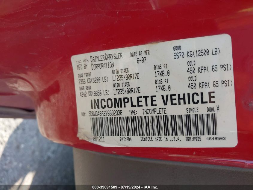 2007 Dodge Ram 3500 Hd Chassis St/Slt VIN: 3D6WG46A27G832338 Lot: 39891509