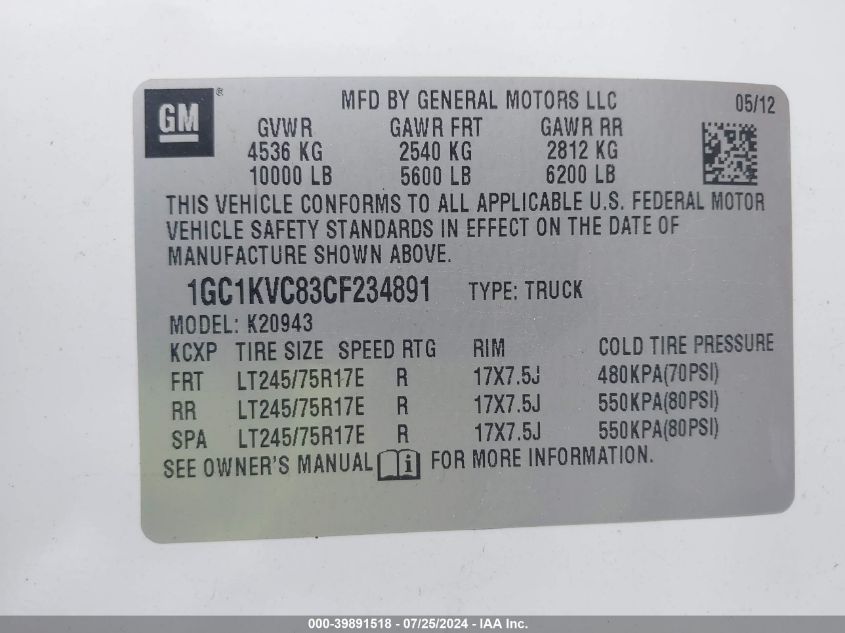 2012 Chevrolet Silverado 2500Hd K2500 Heavy Duty VIN: 1GC1KVC83CF234891 Lot: 39891518