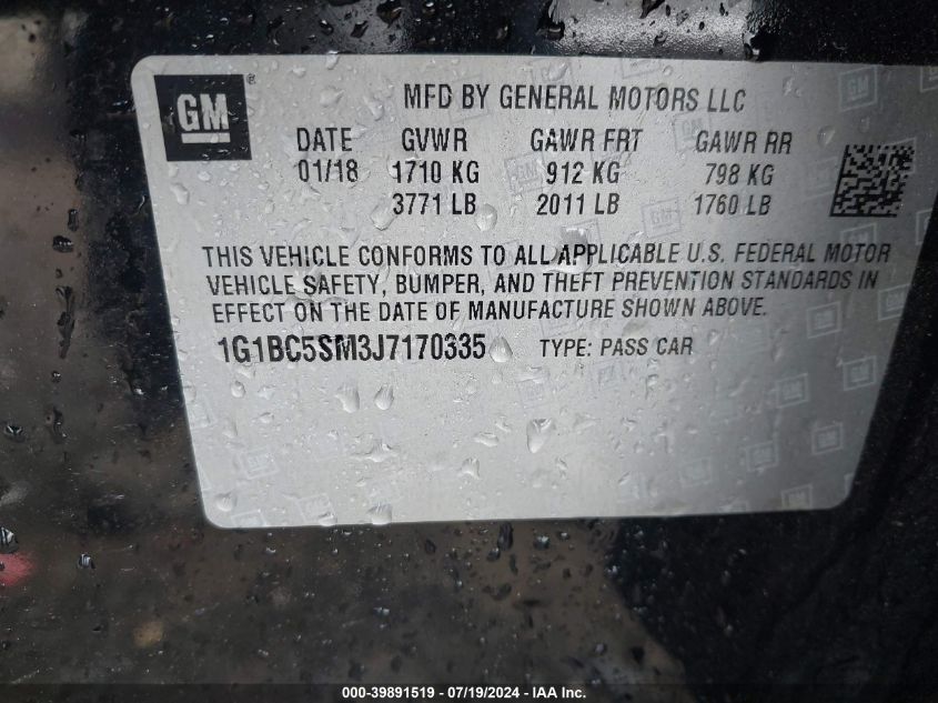 2018 Chevrolet Cruze Ls Auto VIN: 1G1BC5SM3J7170335 Lot: 39891519