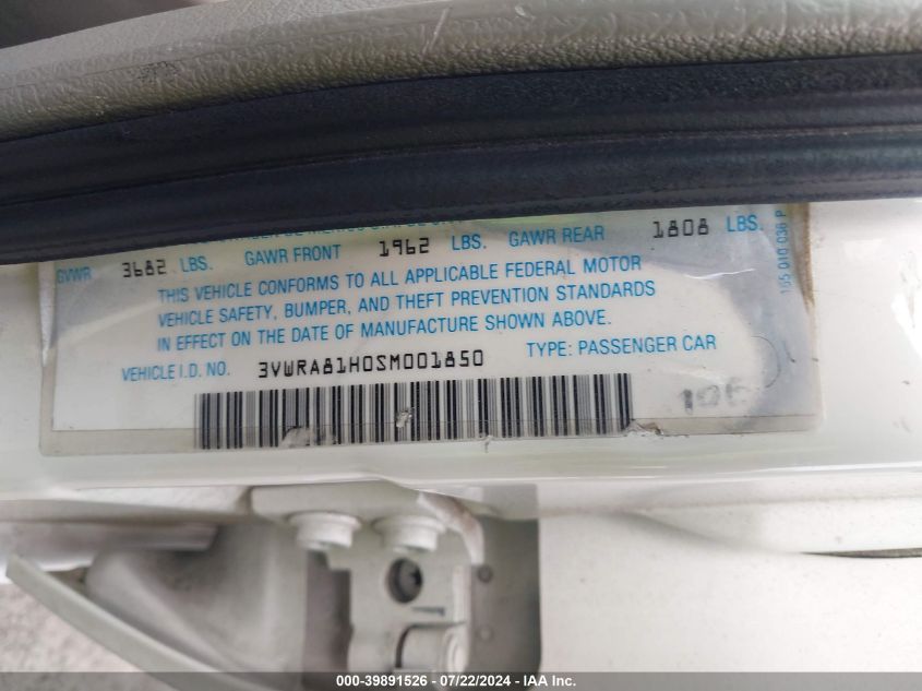 1995 Volkswagen Jetta Iii Gl/Gl VIN: 3VWRA81H0SM001850 Lot: 39891526