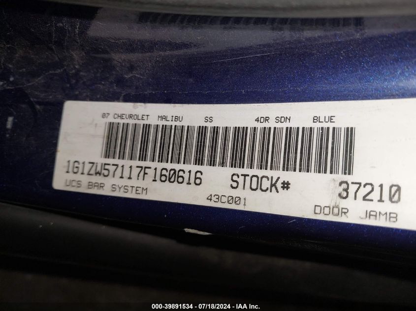2007 Chevrolet Malibu Ss VIN: 1G1ZW57117F160616 Lot: 39891534