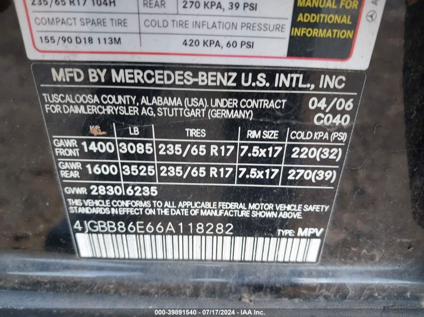 2006 Mercedes-Benz Ml 350 4Matic VIN: 4JGBB86E66A118282 Lot: 39891540