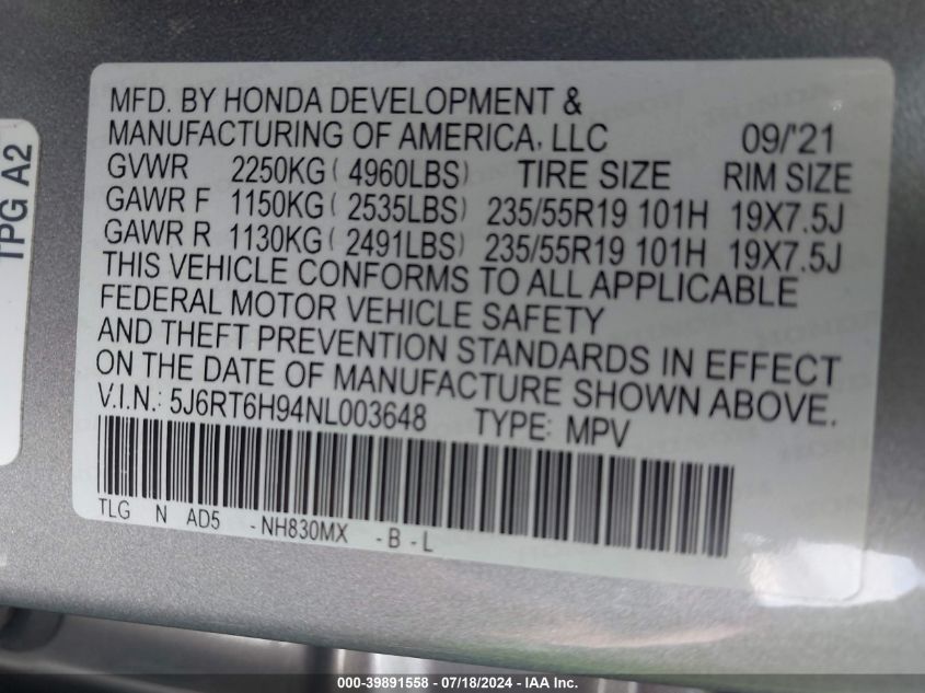2022 Honda Cr-V Touring VIN: 5J6RT6H94NL003648 Lot: 39891558