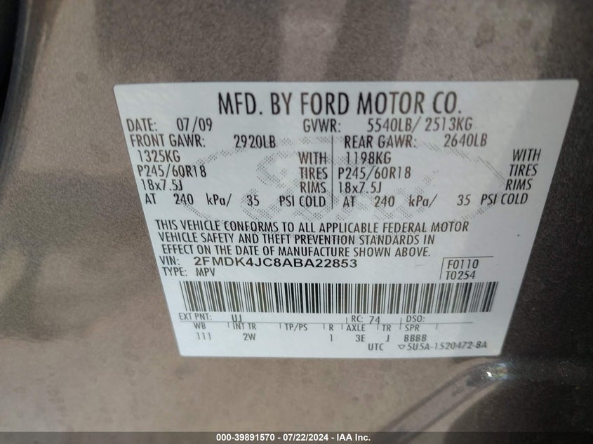 2010 Ford Edge Sel VIN: 2FMDK4JC8ABA22853 Lot: 39891570