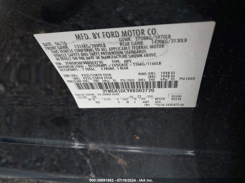 2011 Ford Flex Limited VIN: 2FMGK5DC9BBD02720 Lot: 39891582