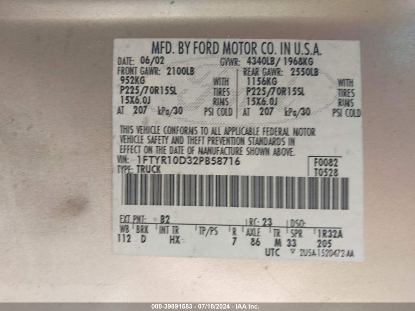 2002 Ford Ranger VIN: 1FTYR10D32PB58716 Lot: 39891583