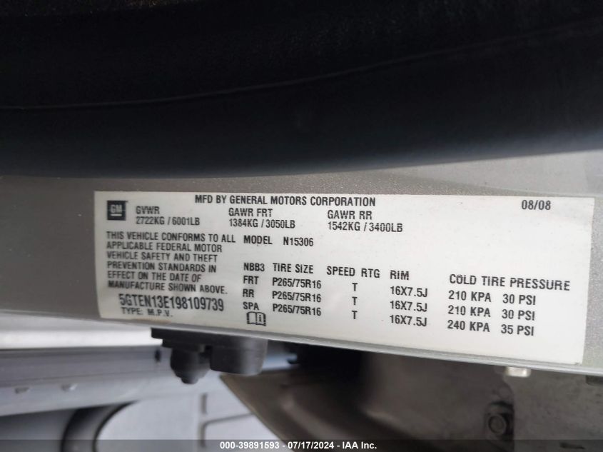 2009 Hummer H3 Suv VIN: 5GTEN13E198109739 Lot: 39891593