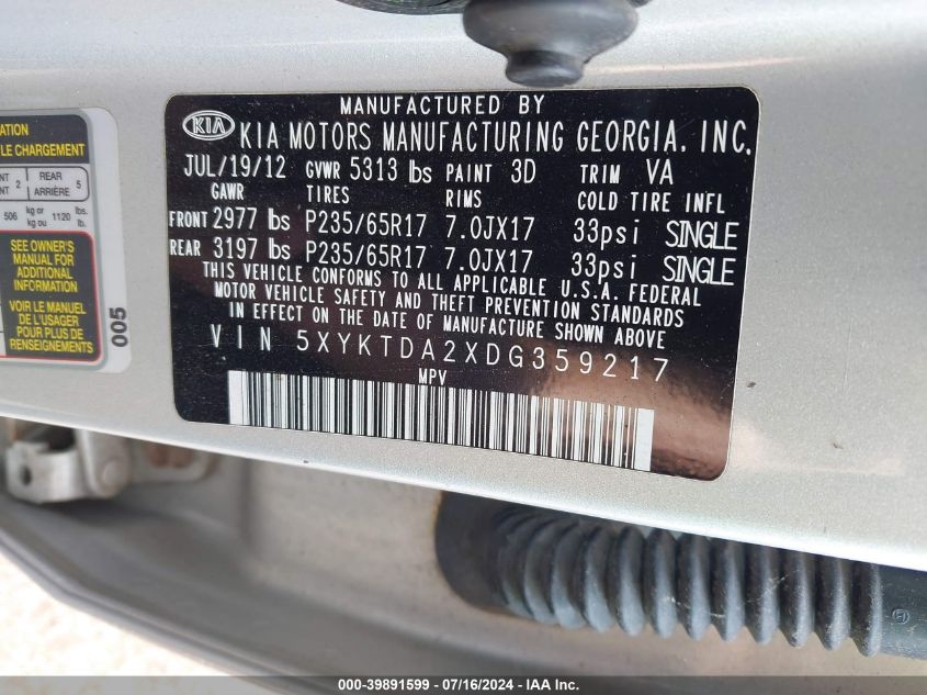 5XYKTDA2XDG359217 2013 Kia Sorento Lx V6