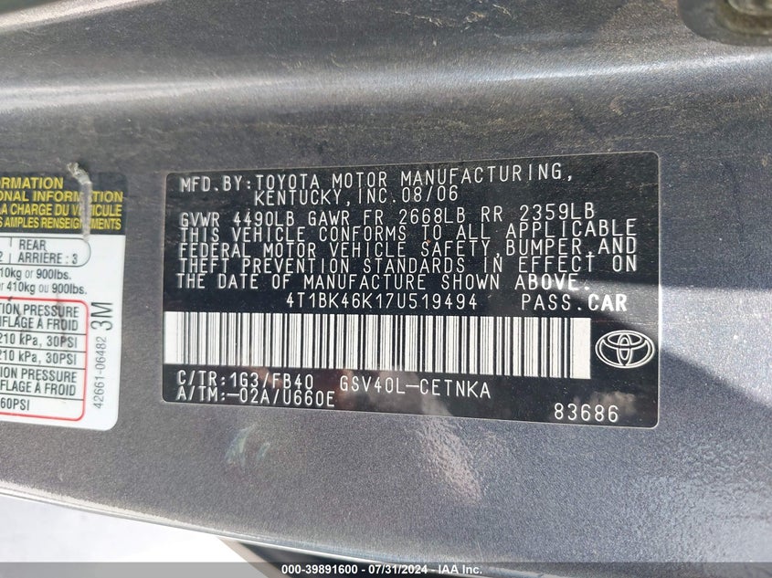 2007 Toyota Camry Le V6 VIN: 4T1BK46K17U519494 Lot: 39891600