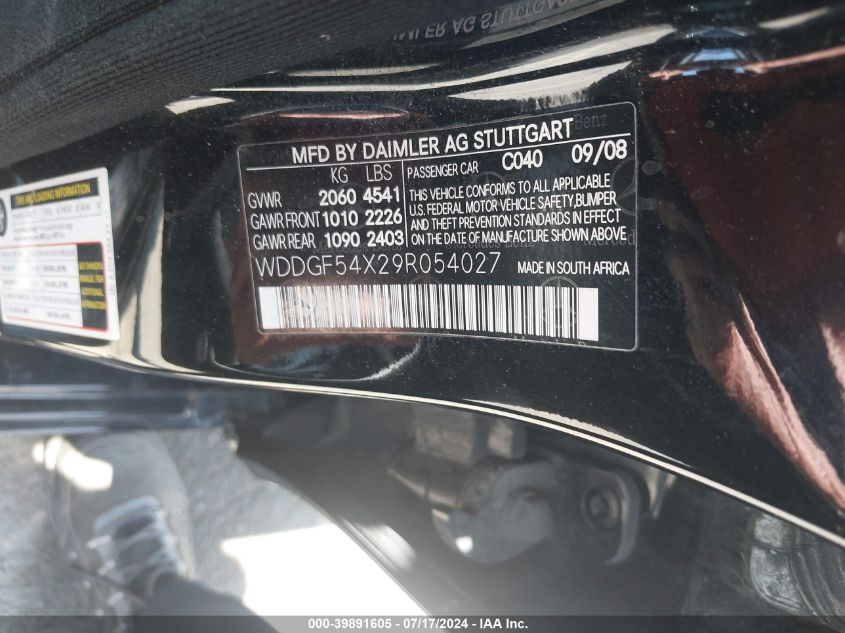 2009 Mercedes-Benz C 300 300 VIN: WDDGF54X29R054027 Lot: 39891605