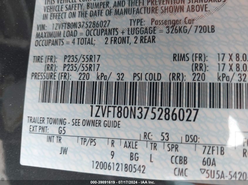 2007 Ford Mustang V6 Deluxe/V6 Premium VIN: 1ZVFT80N375286027 Lot: 39891619