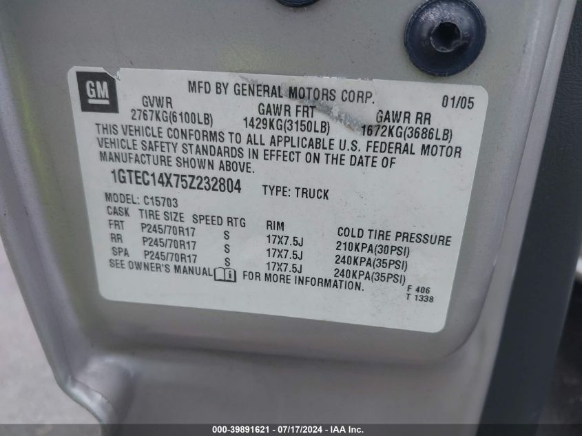 2005 GMC New Sierra C1500 VIN: 1GTEC14X75Z232804 Lot: 39891621