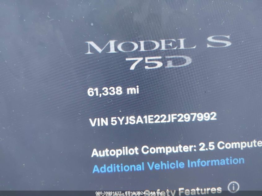 2018 Tesla Model S VIN: 5YJSA1E22JF297992 Lot: 39891627