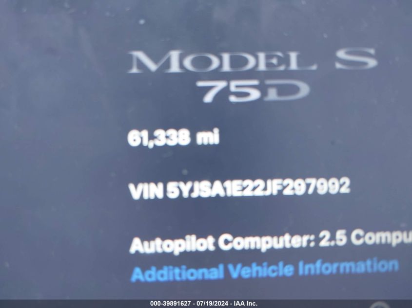 2018 Tesla Model S VIN: 5YJSA1E22JF297992 Lot: 39891627