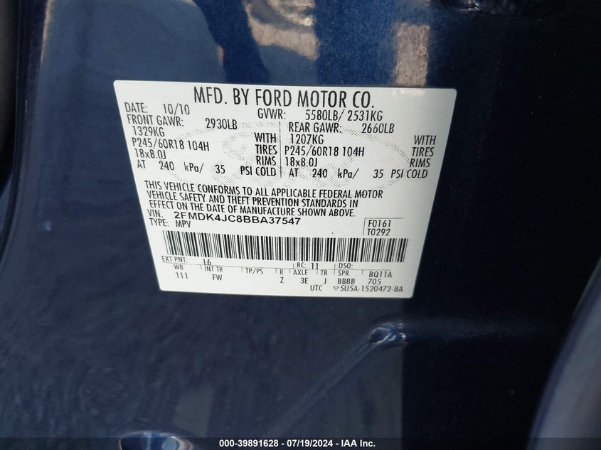 2011 Ford Edge Sel VIN: 2FMDK4JC8BBA37547 Lot: 39891628