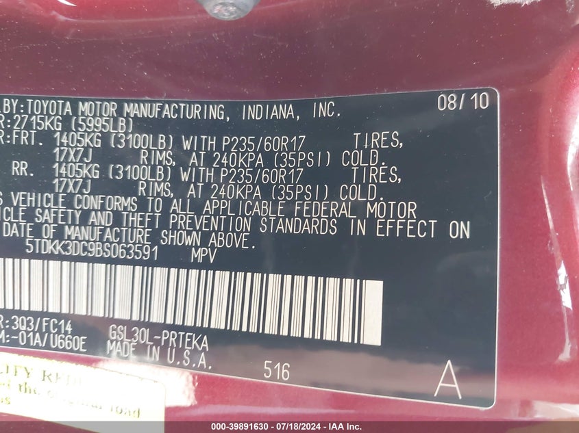 2011 Toyota Sienna Le V6 VIN: 5TDKK3DC9BS063591 Lot: 39891630