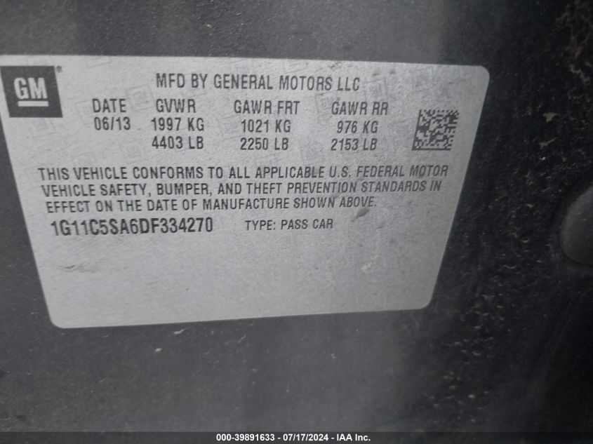 2013 Chevrolet Malibu 1Lt VIN: 1G11C5SA6DF334270 Lot: 39891633