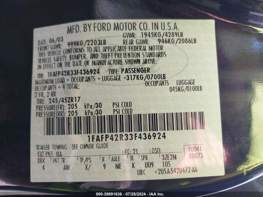 2003 Ford Mustang Mach I VIN: 1FAFP42R33F436924 Lot: 39891636