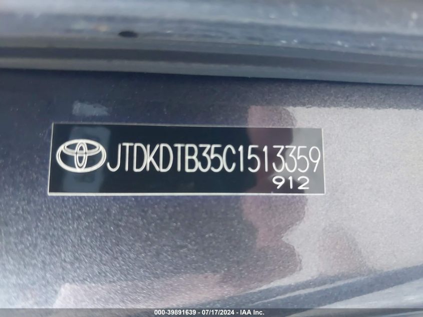 2012 Toyota Prius C Three VIN: JTDKDTB35C1513359 Lot: 39891639