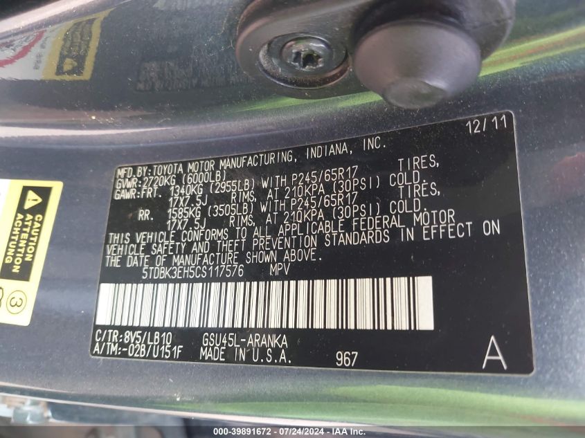 2012 Toyota Highlander Se VIN: 5TDBK3EH5CS117576 Lot: 39891672