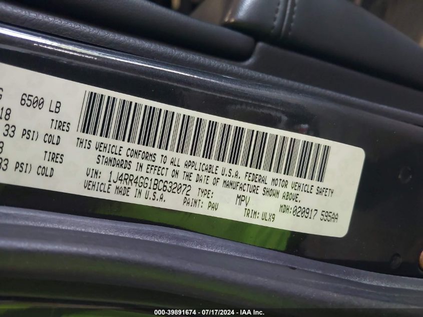 2011 Jeep Grand Cherokee Laredo VIN: 1J4RR4GG1BC632072 Lot: 39891674