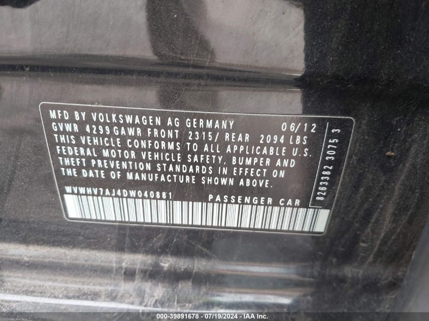 2013 Volkswagen Gti 4-Door VIN: WVWHV7AJ4DW040881 Lot: 39891678