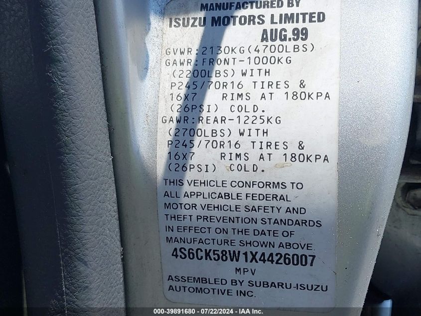 1999 Honda Passport Ex/Lx VIN: 4S6CK58W1X4426007 Lot: 39891680