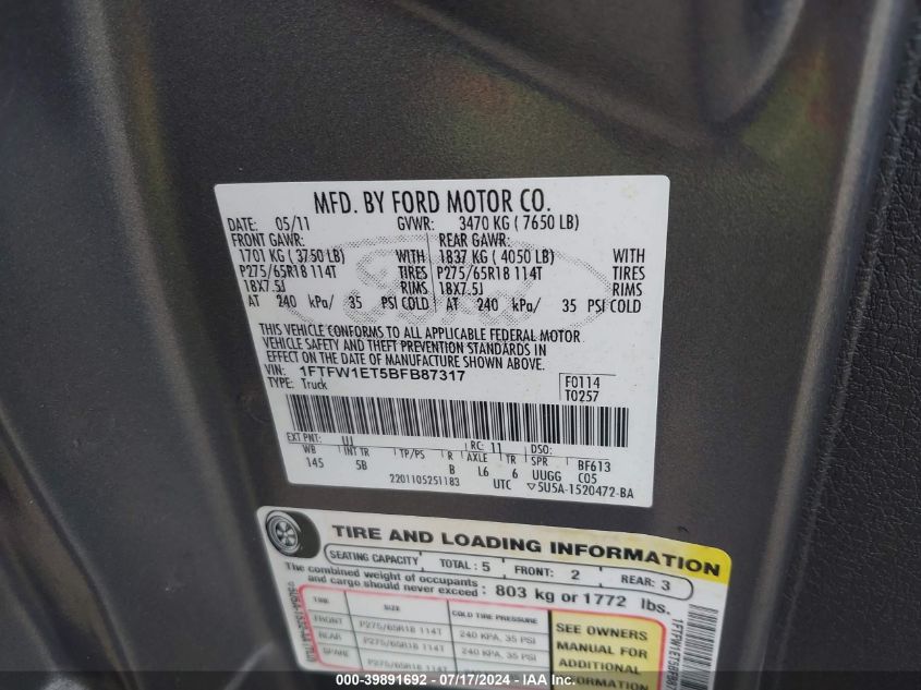2011 Ford F150 Supercrew VIN: 1FTFW1ET5BFB87317 Lot: 39891692