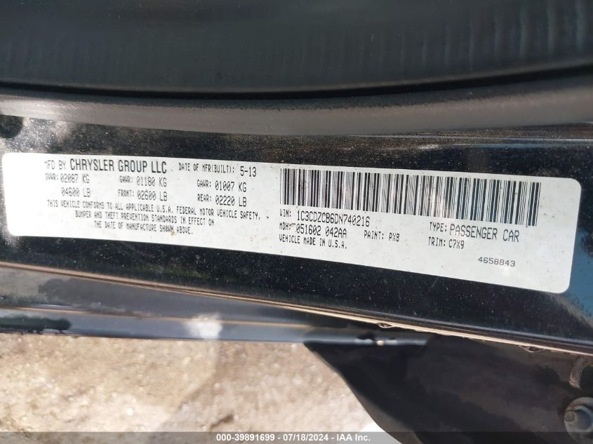 2013 Dodge Avenger Sxt VIN: 1C3CDZCB6DN740216 Lot: 39891699