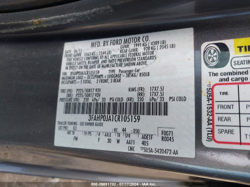 2012 Ford Fusion Sel VIN: 3FAHP0JA1CR105159 Lot: 39891702