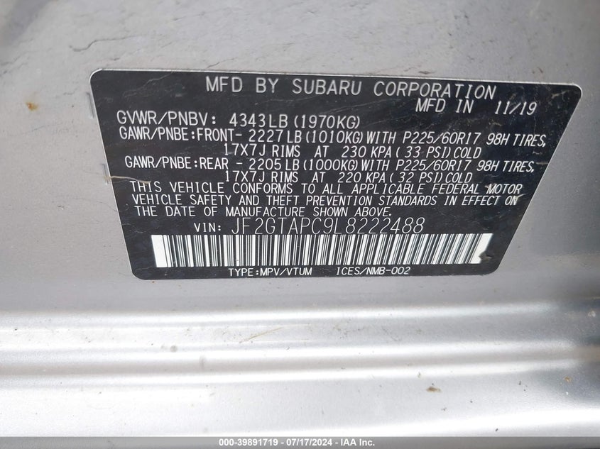 VIN JF2GTAPC9L8222488 2020 SUBARU CROSSTREK PREMIUM