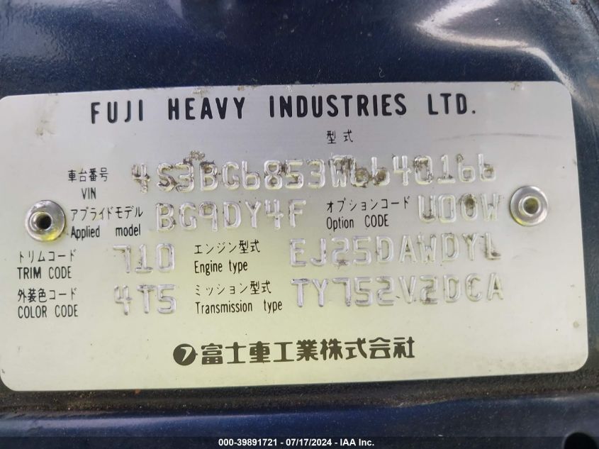 1998 Subaru Legacy 30Th Ann Outback/Ltd/Spt VIN: 4S3BG6853W6640166 Lot: 39891721