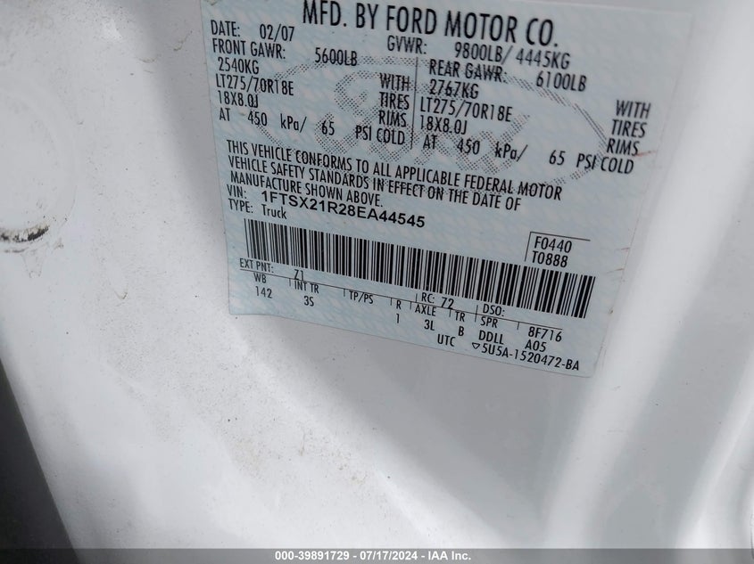 2008 Ford F250 Super Duty VIN: 1FTSX21R28EA44545 Lot: 39891729