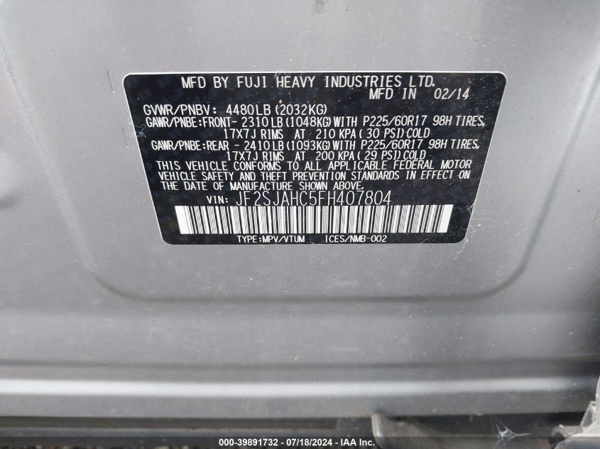 2015 Subaru Forester 2.5I Limited VIN: JF2SJAHC5FH407804 Lot: 39891732